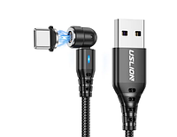 Магнитный кабель USLION 2 в 1 (Быстрая зарядка 5A) / Type-C - USB / 540 градусов / Круглый / 100 см. / Черный