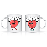 Парні білі чашки (кухлі) з оригінальними принтами "Love. Два серця. Закохані серця"