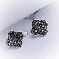 Сережки срібні "Конюшина, Чотирилисник" з чорним камінням, родій