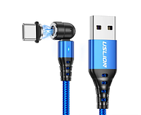 Магнитный кабель USLION 2 в 1 (Быстрая зарядка 5A) / Type-C - USB / 540 градусов / Круглый / 100 см. / Синий