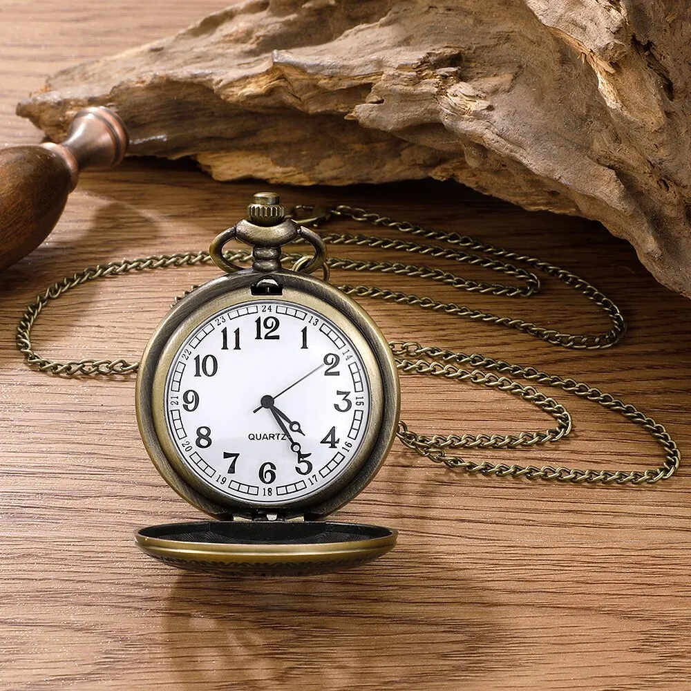 Антикварний вінтажний кварцовий кишеньковий годинник з ланцюжком, циферблат під кришкою, Бронза