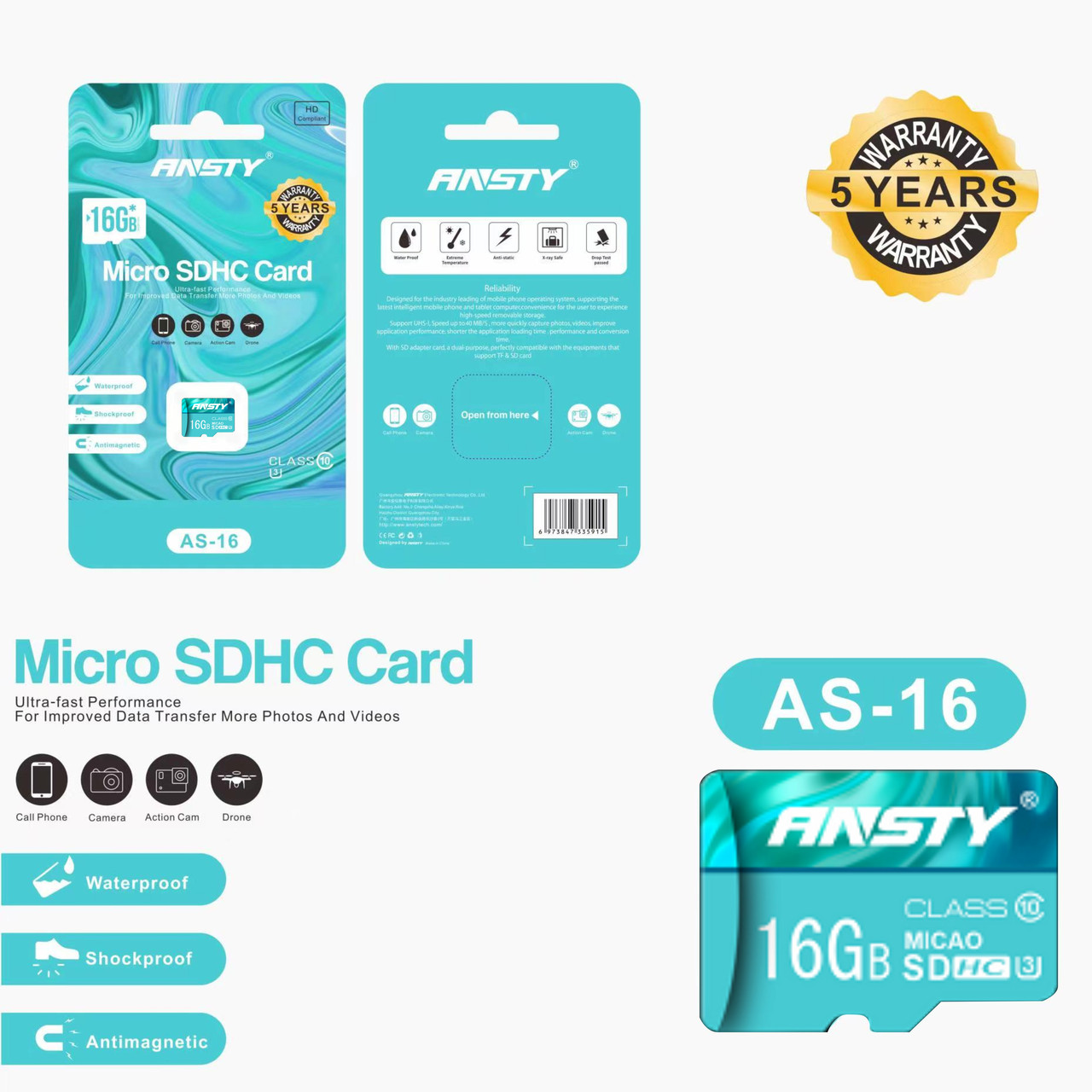 Карта пам'яті ANSTY AS-16 microSDHC 16GB Class 10 85MB/s no adapter, фото 1