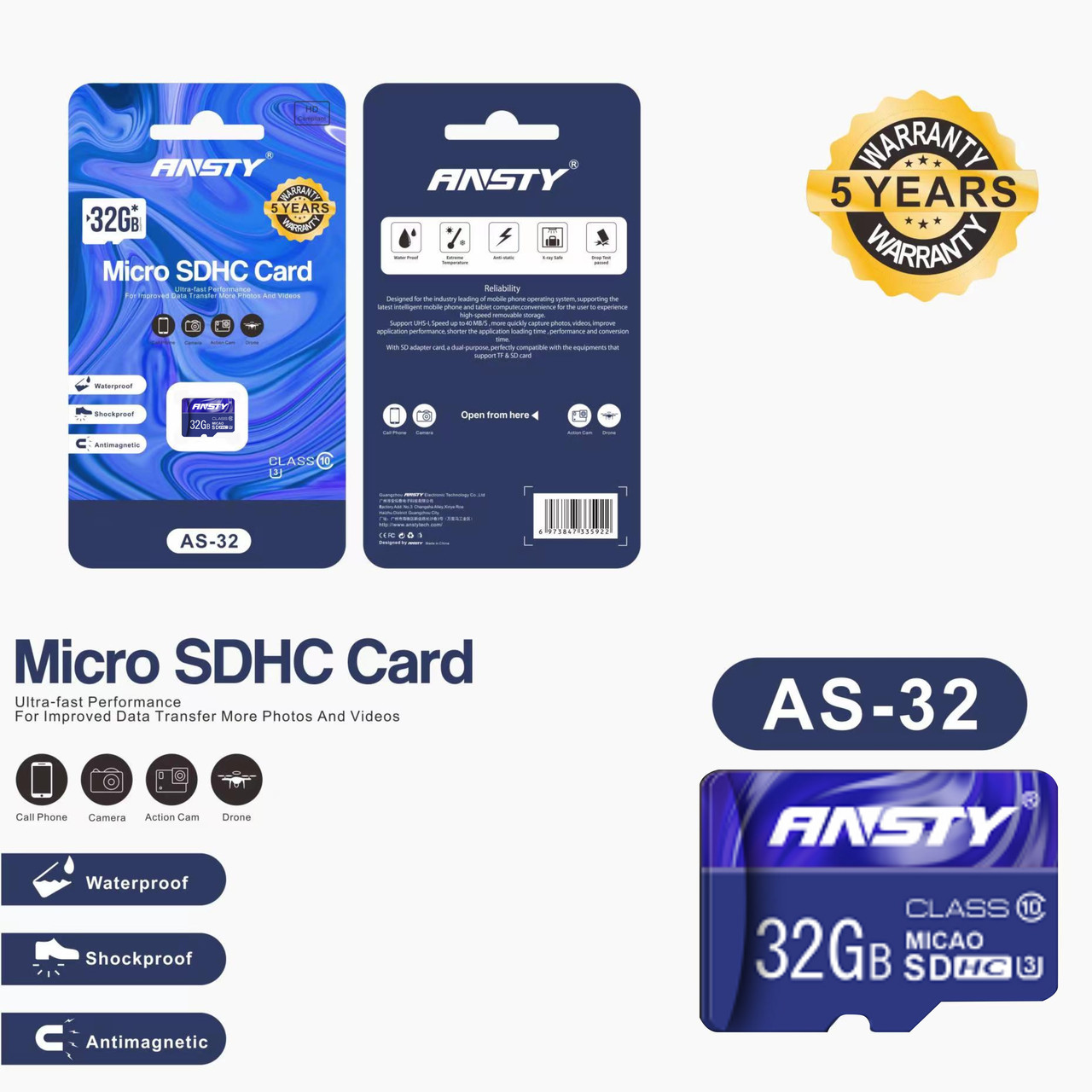 Карта пам'яті ANSTY AS-32 microSDHC 32GB Class 10 90MB/s no adapter, фото 1