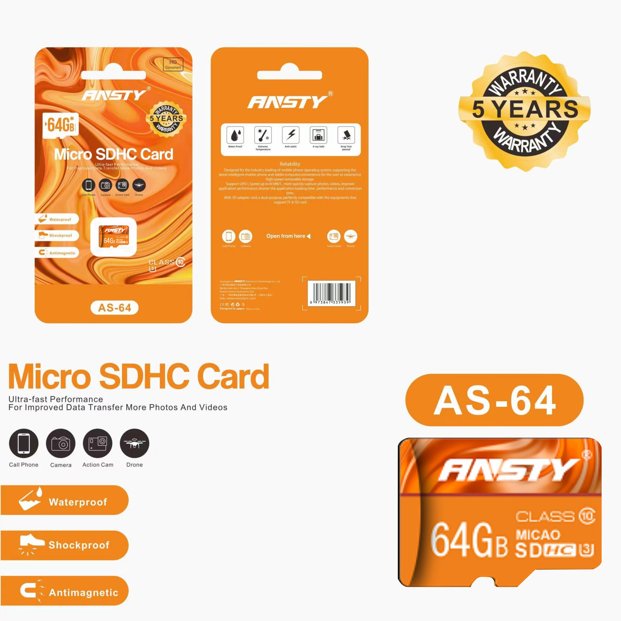 Карта пам'яті ANSTY AS-64 microSDXC 64GB Class 10 95MB/s no adapter, фото 1