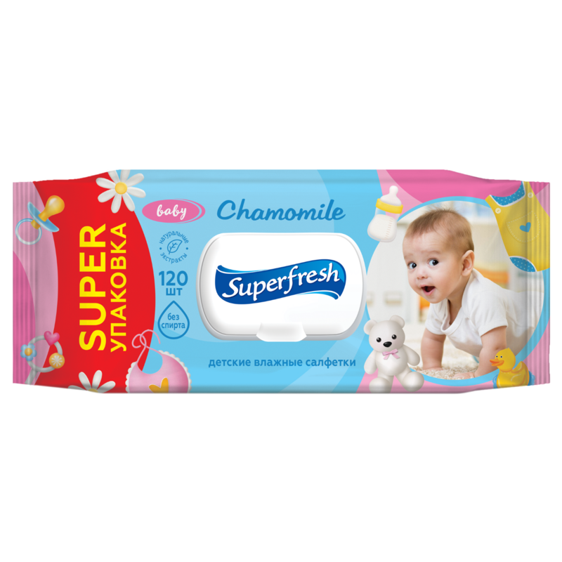 Серветки Superfresh Baby chamomile вологі з клапаном 120 шт (sr.19010)