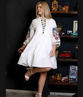 Стильное платье вышиванка в белом цвете свободного пошива с вышивкой размер S, M, L.