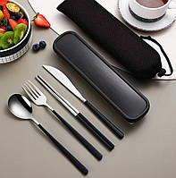 Портативный набор столовых приборов с палочками для суши из нержавеющей стали + Кейс Black-Silver