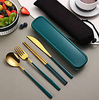 Портативный набор столовых приборов с палочками для суши из нержавеющей стали + Кейс Green-Gold