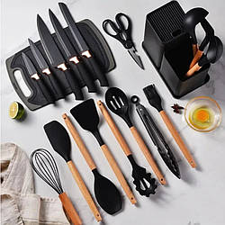 Кухонне начиння 19 предметів Набір з подвійною підставкою обробною дошкою набором ножів Чорний