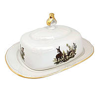 Масленка фарфоровая Gloria fine porcelain Bavaria Handwork Bayreuth Made in Germany Охота, h-9см, L-21см