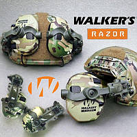 Навушники Walker's Razor Multicam та кріплення для шолому каску чебурашки. Тактичні навушники під каску. Активні навушники Волкер.