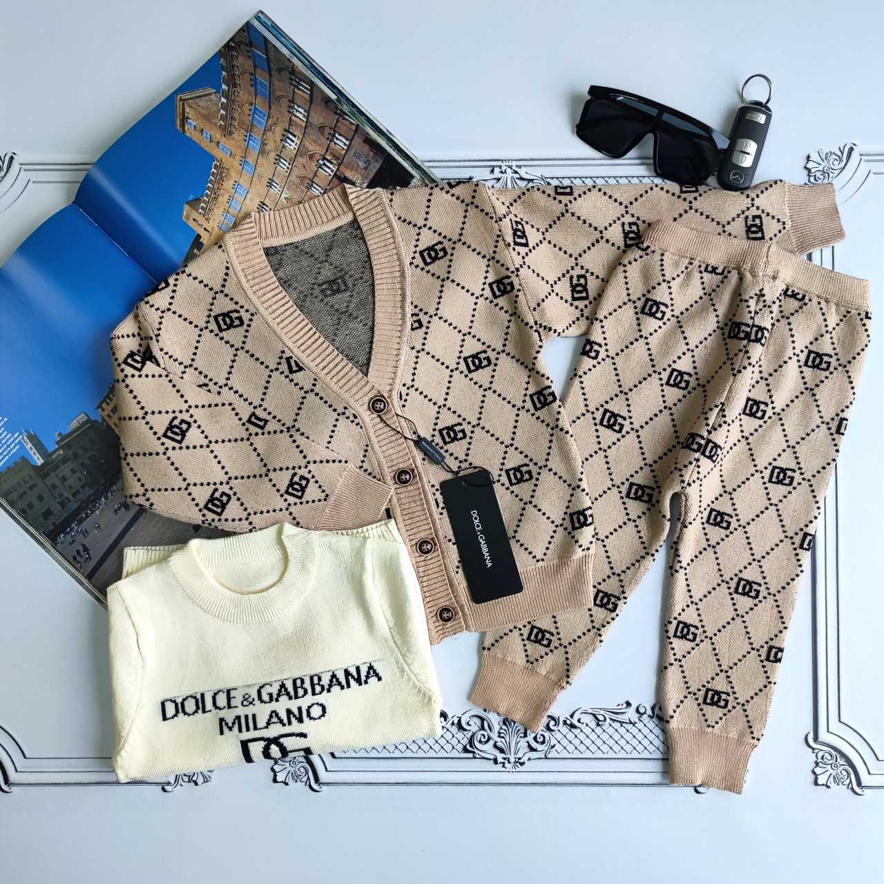 Дитячий бежевый теплий в'язаний костюм трійка Дольче для хлопчика