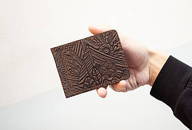 Прижим для грошей шкіряний темно-коричневий з тисненням Карпати