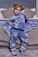 Детская пижама махровая теплая голубая принт мишка Комплект Кофта и Штаны домашний зимний (B)