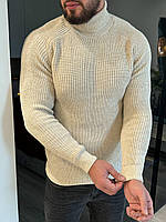 Мужской шерстяной свитер классический зимний молочный Гольф вязаный на зиму (G)