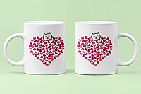 Парные чашки кружки Сердце из сердечек котик для Влюблённых Белые 330 мл