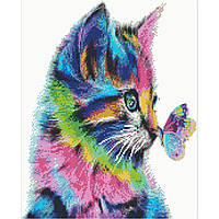 Алмазная мозаика Strateg ПРЕМИУМ Цветной кот с бабочкой размером 40х50 см FA40854