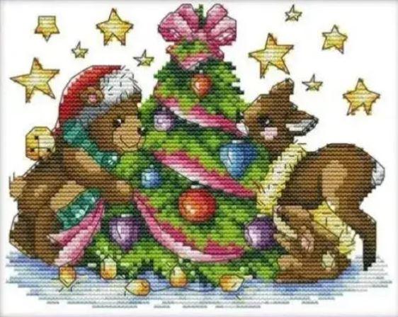 Набір для вишивання за нанесеною на канву схемою "Teddy in Christmas".AIDA 14CT printed , 25*19 см