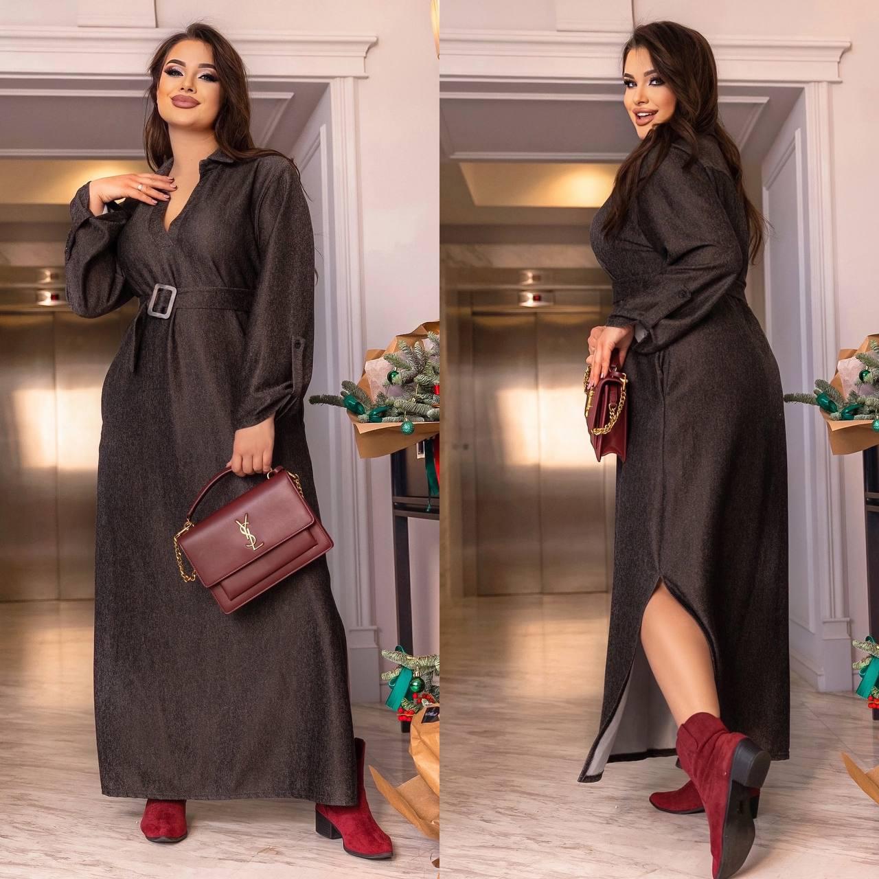 Довге повсякденне плаття з кишенями та поясом Розміри: 50-52, 54-56, фото 1