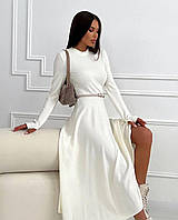 Теплое повседневное женское длинное платье миди с поясом, юбка солнце, итальянский трикотаж Молочный, 42/44