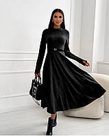 Теплое повседневное женское длинное платье миди с поясом, юбка солнце, итальянский трикотаж Черный, 42/44