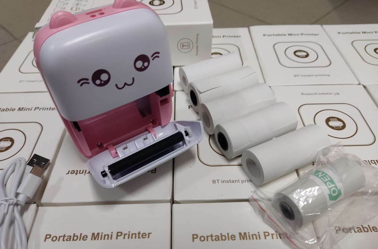 Портативный мини принтер 6 рулонів Mini Printer термопринтер карманный детский принтер термо принтер РОЖЕВИЙ - фото 3 - id-p2026268536