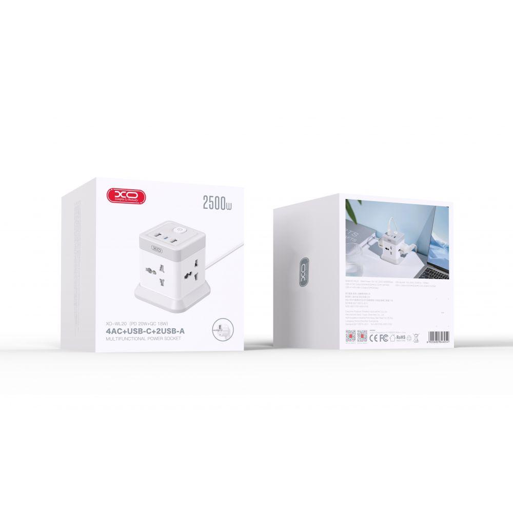 Сетевой Фильтр Удлинитель XO WL20 20W Square Socket 4AC +USB-A+1USB-C PD/QC 2m Цвет Белый - фото 1 - id-p2054275576