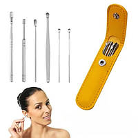 Многоразовый набор инструментов приборов для чистки и гигиены ушей с чехлом 6 предметов желтый