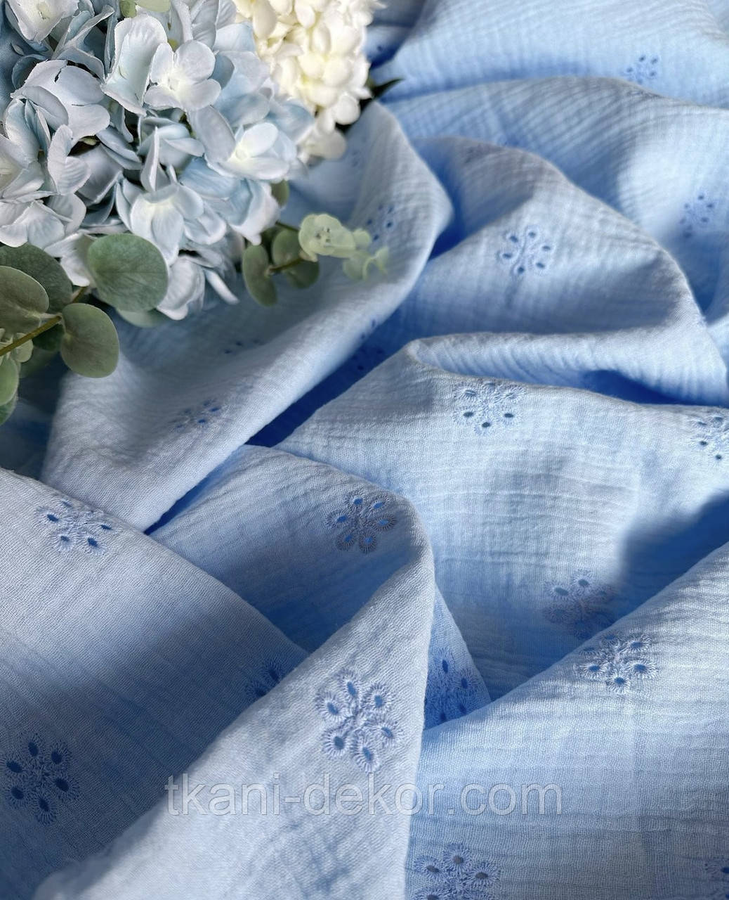 Муслін з прошвою блакитного кольору, фото 1