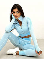 Комплект лосины и рашгард с рукавами голубой Фитнес-костюм 2в1 для спорта бега йоги с высокой талией