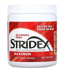 Stridex, однокроковий засіб проти вугрів, максимальна сила, без спирту, 90 м'яких серветок, R-SDX-09709