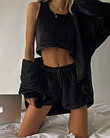 Черная женская теплая махровая плюшевая домашняя пижама-тройка: кардиган с капюшоном, топ и шорты