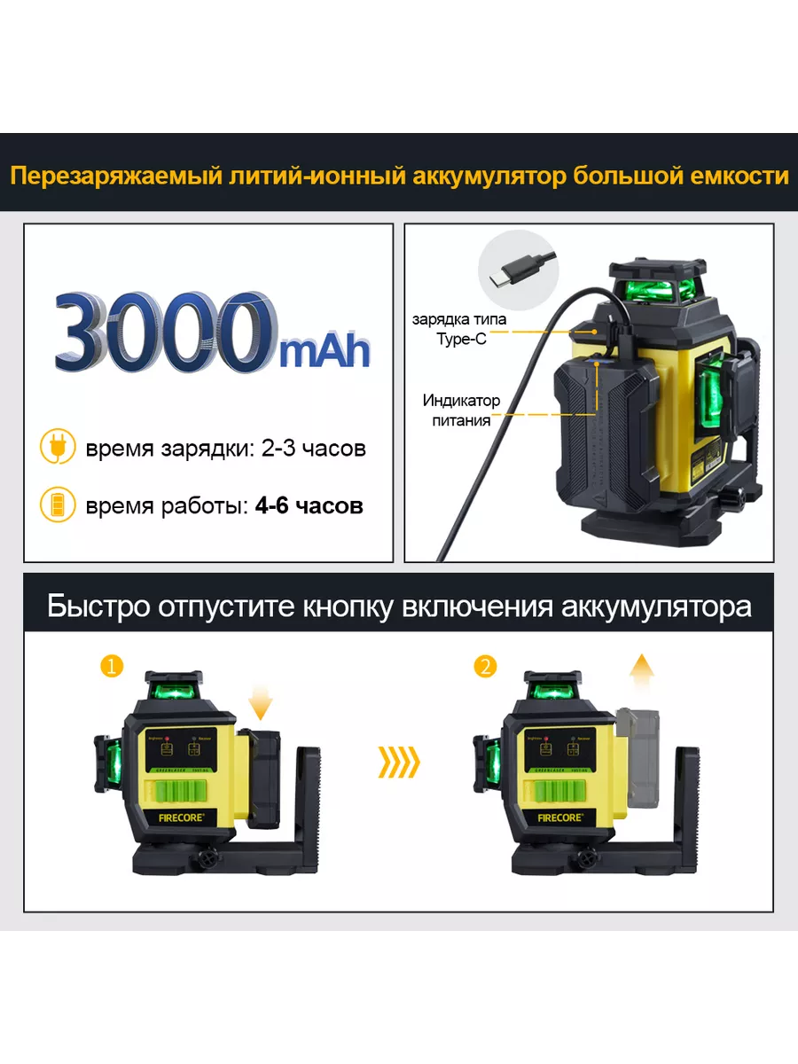 Лазерний рівень/лазерний нівелір 3D Firecore F95T-XG 3D 12 ліній 360 ...