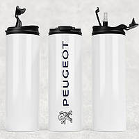 Термокружка металлическая белая для холодных и горячих напитков с маркой авто Peugeot / Пежо.