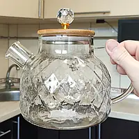 Стеклянный чайник для плиты "Ромбус" с бамбуковой крышкой, 1000мл