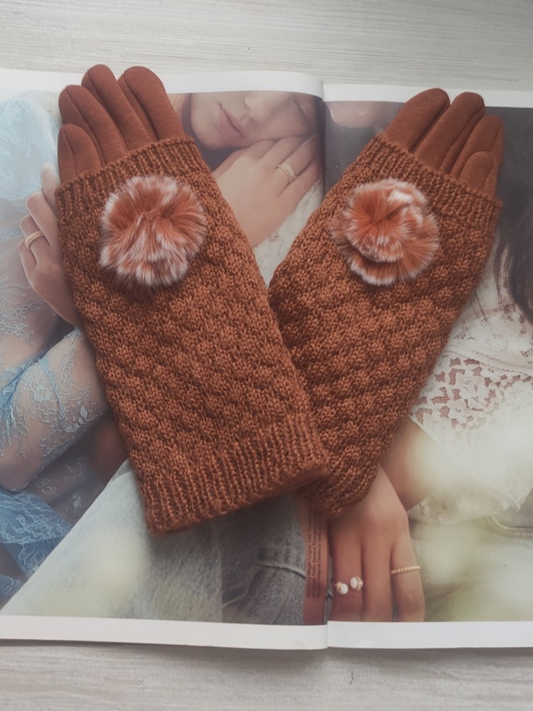 Теплі жіночі рукавички з дов'язом пушок руді