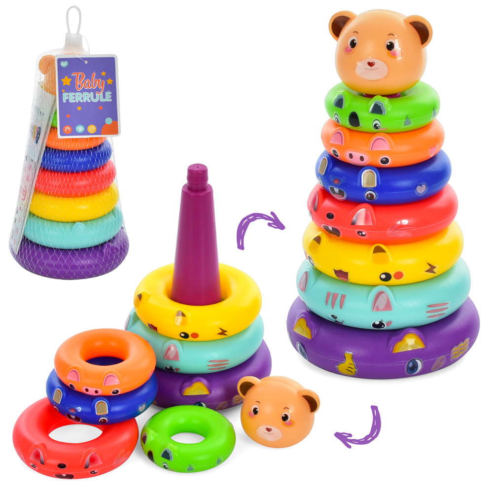 Пірамідка ведмедик, 7 кілець, наклейки, сітка, 12-28-12 см