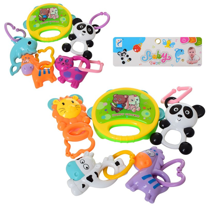 Брязкальце 4 штуки, тварини, бубон, 2 види, в пакеті 23-26-6 см