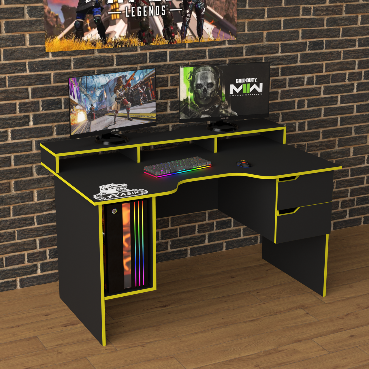 Геймерський стіл із шухлядами, полицею для системного блока та підставкою під монітор RS-10 жовтий тис Меблі, фото 1