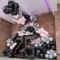 Набор воздушных шаров для создания арки - розовая фотозона для девушки "Черный-розовый-серебро" (171 шт.)