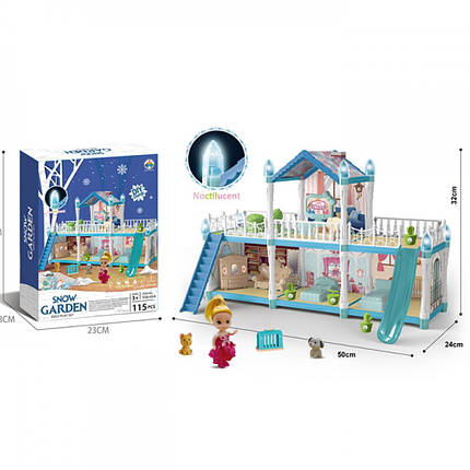 556-65A Будиночок 49-23-30,5 см, 2 поверхи, меблі, гірка, лялька 10 см, тварини, переноска, фото 1