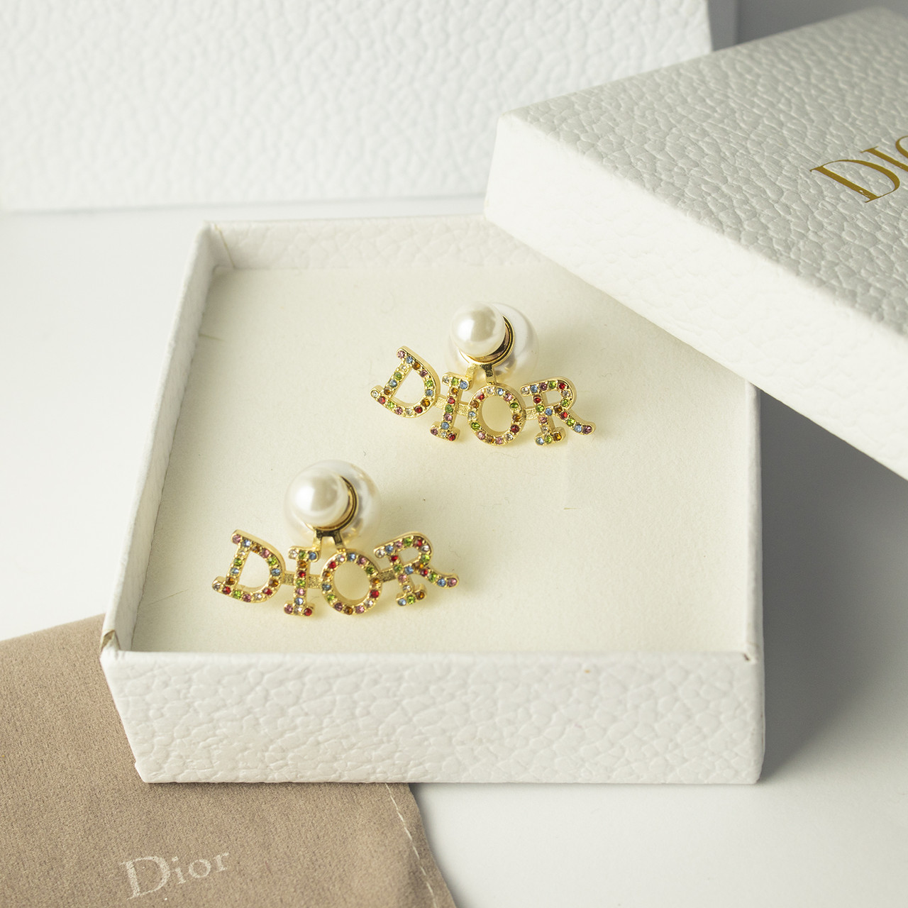 Діор сережки дві перлини з кольоровим цирконієм / подарункове паковання, фото 1