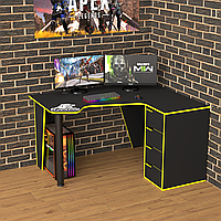 Современный угловой геймерский стол с четырьмя ящиками для компьютера RS-11 желтый Тиса Мебель