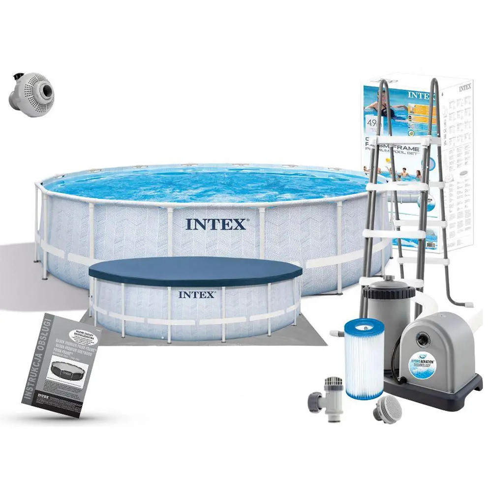 Каркасний круглий басейн з тентом Intex 26746 сходами та фільтром з підстилкою 488х122 см на 19156 л Сірий