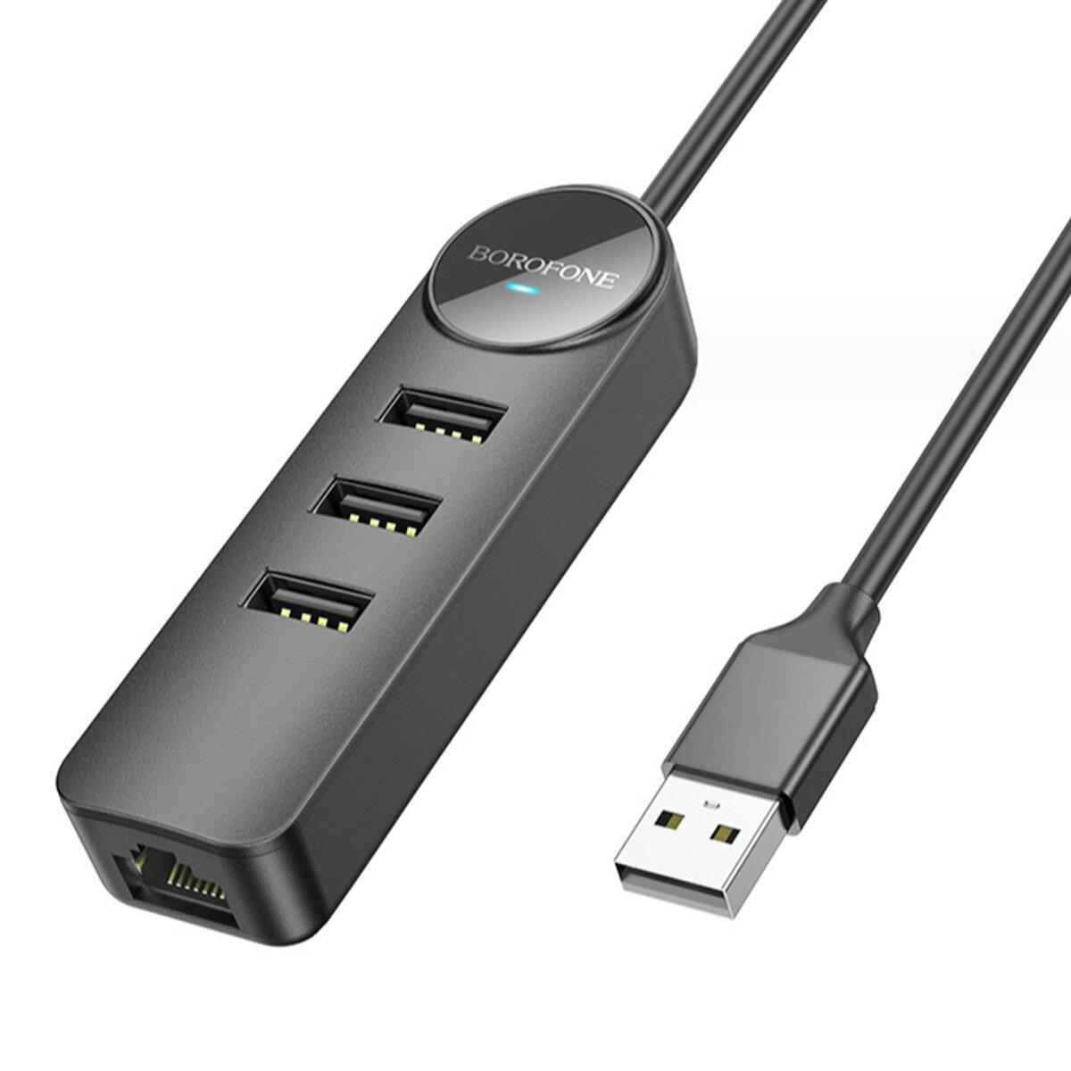 USB-хаб Borofone DH6 Erudite 4-in-1 100 Mbps Ethernet Adapter(USB to USB2.0*3+RJ45)(L=1.2M) Black
