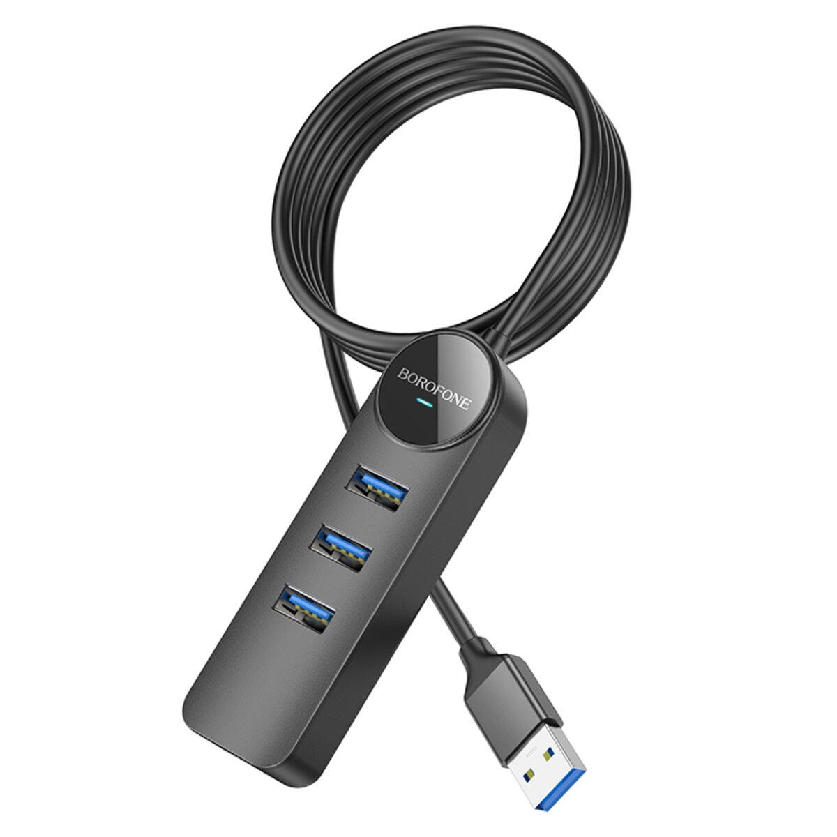 USB-Hub Borofone DH6 Erudite 4-in-1 Gigabit Ethernet Adapter(USB to USB3.0*3+RJ45)(L=1.2M) Black