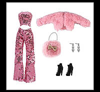 Костюм для куклы Барби штаны и топ в блестках, обувь, серьги Розовый