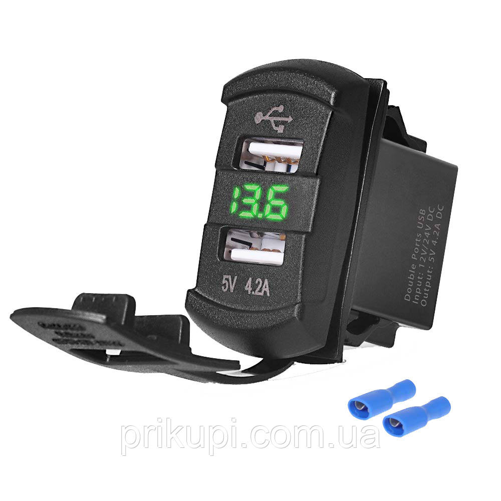 Автомобільний зарядний пристрій 2 х 2.1 А USB врізне + вольтметр 12-24V Зелений, фото 1