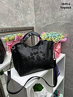 Черная стильная сумка на три отделения темная фурнитура экокожа с принтом под рептилию (2049-6)