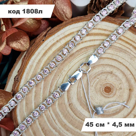 Жіночий срібний ланцюжок з рожевим камінням 925° проби 45 см * 4,5 мм "Арабський Бісмарк", фото 1